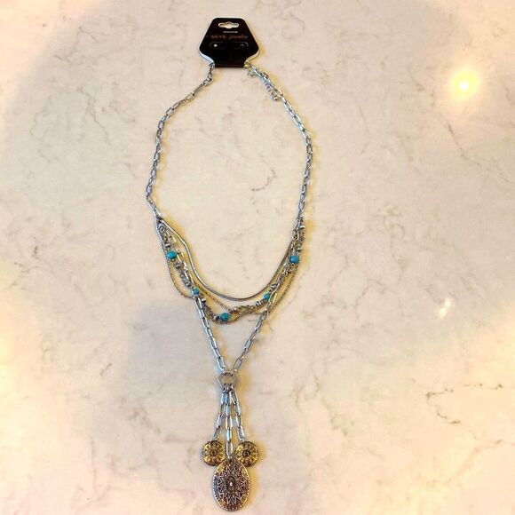 Silver color layered chain hanging concho faux turquoise crystal brand new - Picture 1 of 3